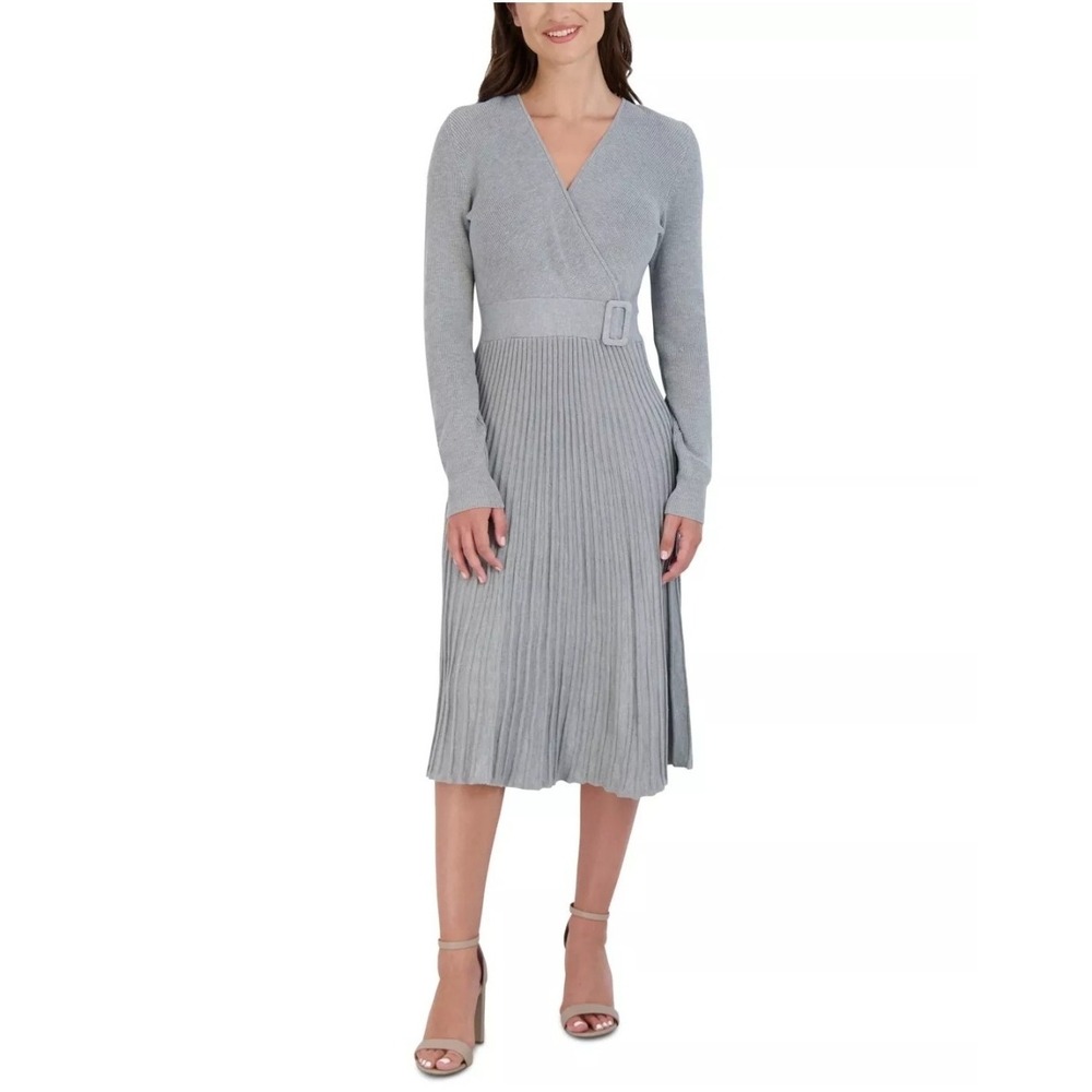 Robbie Bee‎ Signature Women's Belted Sweater Dress Grey L75003 Womens Size PS